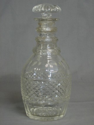 A ring neck cut glass mallet shaped decanter and stopper 11"