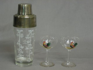 An Art Deco glass cocktail shaker with chromium plated mounts together with 6 cocktail glasses decorated cockerels