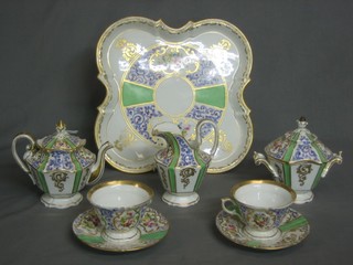 A Victorian 8 piece Continental porcelain Cabaret set comprising square tray 11", teapot, sucrier, cream jug, 2 cups and saucers (1 cup f)