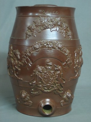 A 19th Century 2 Gallon salt glazed flagon with Royal Coat of Arms and figures of knights (chip to top) 13"