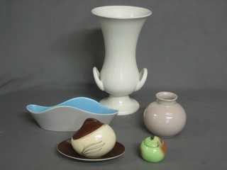 A white glazed twin handled vase 11", a Poole dish, circular Poole vase, Carltonware jar and cover and 1 other