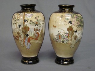 A pair of late Japanese Satsuma porcelain vases decorated court figures 8"