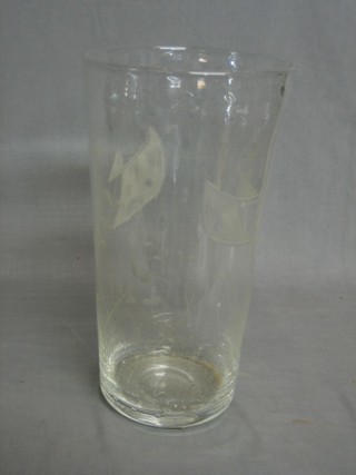 A large Whitefriars style etched glass vase decorated fish 15"