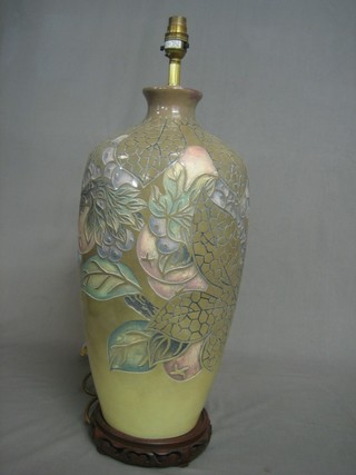 A grey glazed pottery lamp base with floral decoration 20"