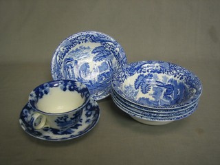 A large 19th Century Royal Staffordshire blue and white pottery cup and saucer and 6 Copeland Spode Italian blue and white patterned bowls (1 chipped)