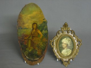 A portrait miniature print on silk, head and shoulders portrait "Young Girl" contained in a carved wooden frame 3" and a print of a standing girl on a section of tree 10"