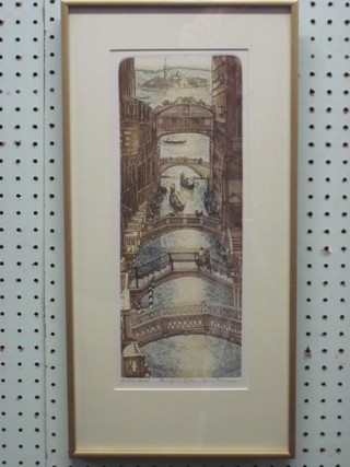 Glyn Thomas, artists proof coloured etching "Bridge of Sighs" 14" x 5"