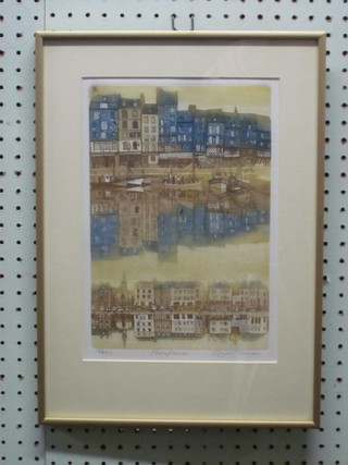 Glyn Thomas, artists proof coloured etching "Honfleur" 11" x 8"