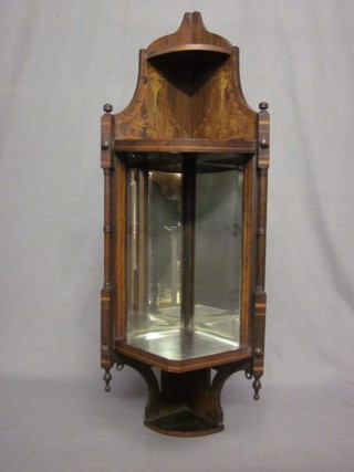 A Victorian inlaid rosewood and bevelled mirrored glass hanging wall niche 12"