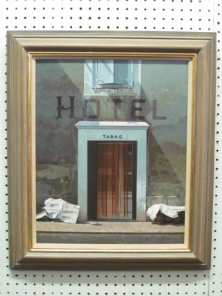 Peter Evans, acrylic on board "Hotel Laguyon" the reverse with Catto Gallery label 15" x 20"
