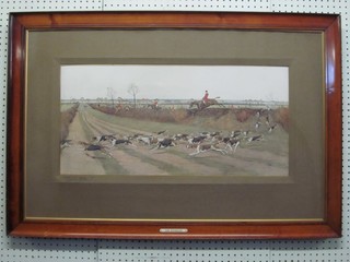 Cecil Aldin, a signed coloured print "The Pytchley Hunt, Going Away from Crick" 13" x 26"
