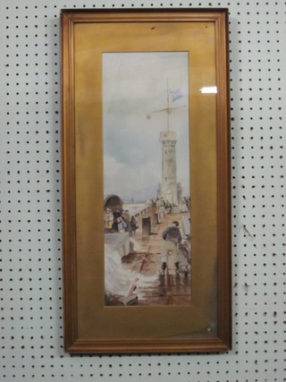 Watercolour drawing "Esplanade Scene with Figure Fishing" indistinctly signed to bottom right hand side