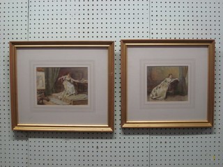 After G G Kilbvrher, pair of coloured prints "Study of a Seated Lady Musing on a Portrait and Reclining Lady" 6" x 8 1/2"