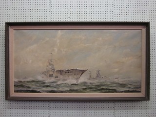 Douglas H Chaffey, oil on canvas "H M S Ark Royal and H M S Rameses" 20" x 40"