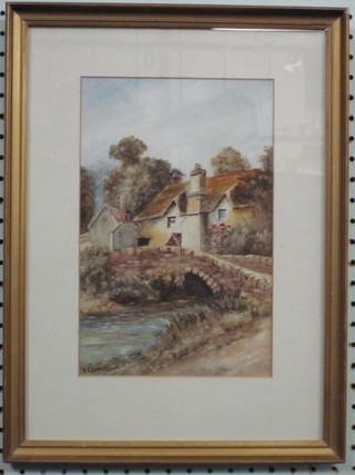 Watercolour drawing "River with Bridge and Country Cottage" 10" x 7" indistinctly signed to bottom left hand corner