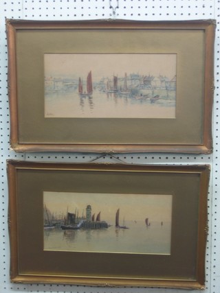 A pair of watercolours "Whitby and Scarborough" 7" x 13 1/2"