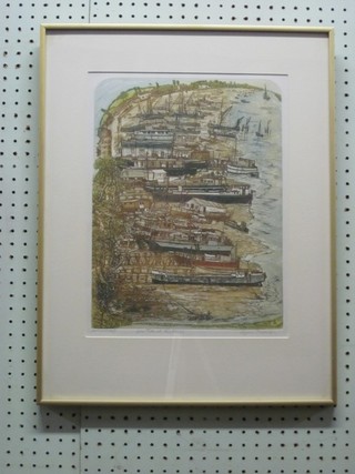 Glyn Thomas, limited edition artists proof coloured engraving "Low Tide at Pine Mill" 14" x 11"