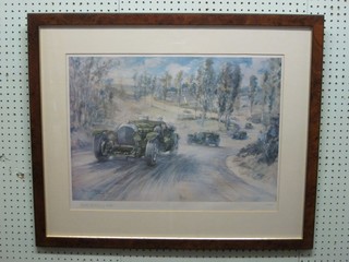 Walter Hussan, limited edition coloured print after Brian Degrineau "Bentley at Le Mans 1929"