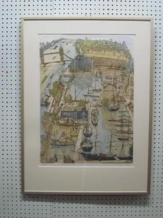 Glyn Thomas, coloured artists engraving "St Catherine's Dock" 21" x 16"