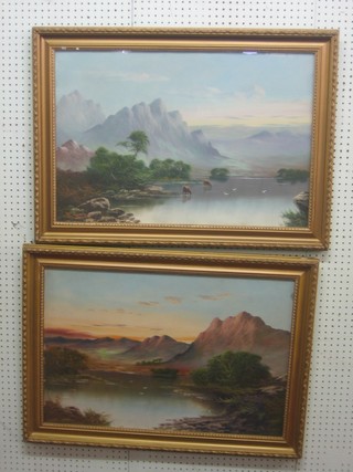 B Ward, a pair of 19th Century oil paintings on board "Mountain Estuary Studies with Watering Cattle" 19" x 28"