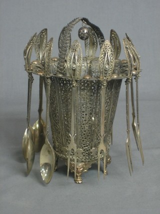A Continental silver filigree dish with 6 spoons and forks to the side 12 ozs