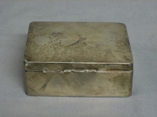A square silver cigarette box with hinged lid, marks rubbed 4"