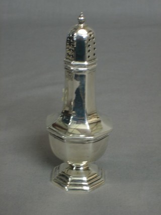 A modern silver Georgian style sugar castor of octagonal form, raised on a spreading foot, Birmingham, 2 ozs