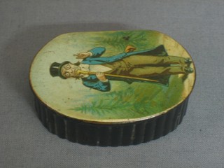 A humerous oval 19th Century snuff box with hinged lid, decorated a standing man with walking stick 2"