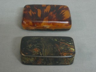 A 19th Century lacquered snuff box with hinged lid and a simulated tortoiseshell makeup case with hinged lid 3"
