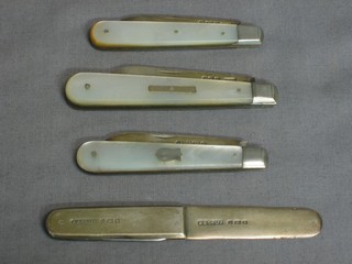 3 silver bladed fruit knives with mother of pearl grips together with a silver bladed pocket knife