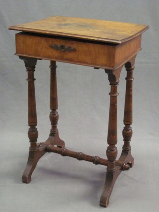 A Victorian rectangular walnut work box with hinged lid, raised on turned supports with H framed stretcher 80"