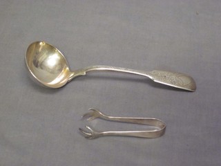 A Victorian silver fiddle pattern sauce ladle, London 1862 and a pair of miniature silver tongs