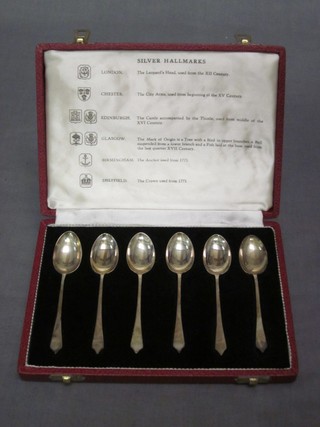 A set of 6 silver specimen hallmark teaspoons, London, Chester, Edinburgh, Glasgow, Birmingham and Sheffield, cased