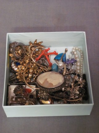 A small cameo, a silver and coral brooch and a collection of costume jewellery