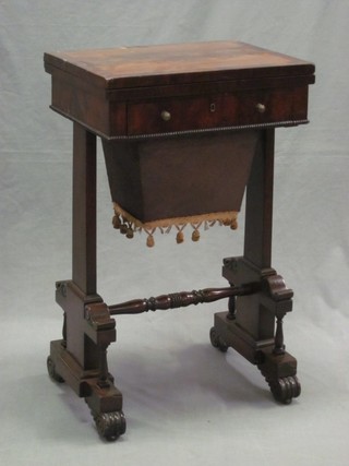 A William IV rectangular mahogany card/work table, the base fitted 1 long drawer with basket, raised on standard end supports 18"
