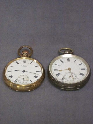 An open faced pocket watch contained in a silver case and an open faced pocket watch by Waltham contained in a gold plated case