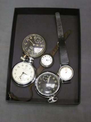 An Ingasol pocket watch contained in a chromium plated case, 2 other pocket watches, a silver cased wristwatch and a Timex wristwatch