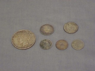 An American 1922 silver 1 dollar together with 5 other silver coins