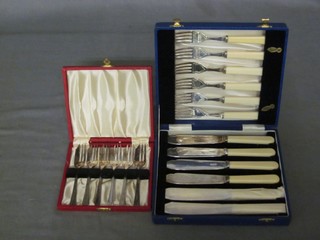 A set of 6 silver plated fish knives and forks cased, and 6 silver plated pastry forks cased