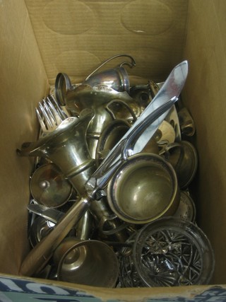A silver plated 2 piece carving set, 2 silver plated specimen vases, various trophies and flatware