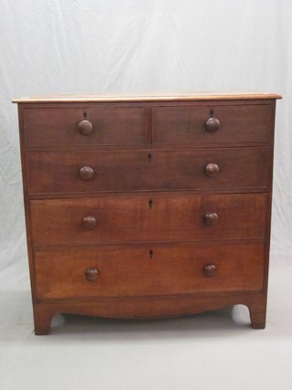 A 19th Century oak chest of 2 short and 3 long drawers with tore handles raised on bracket feet 43"