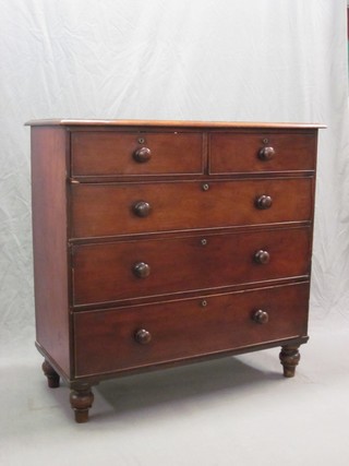 A 19th Century mahogany chest of 2 short and 3 long drawers with tore handles, raised on turned supports 43"
