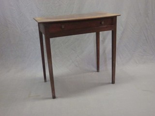 A 19th Century mahogany bow front side table, fitted a drawer, raised on square tapering supports 30"