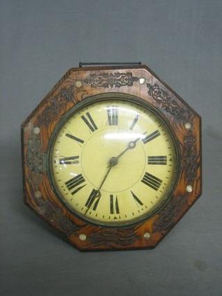 A 19th Century postman's alarm clock with painted dial contained in a simulated rosewood inlaid case 13"