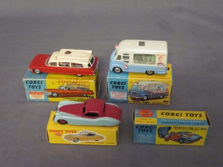 A Corgi Superior Ambulance no.437, a Corgi Mr Softee Ice Cream Van no.428 boxed, a Corgi Jaguar XK120 Coupe no.157 boxed and an empty box for a Corgi Marcos 1800 GT no.324