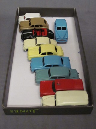A Dinky Daimler ambulance, a Dinky Nash Rambler, a Studebaker no. 172, a Ford Sedan, a Ford Zeffer, a Jaguar 2.4 no. 195, an Austin Atlantic, 2 Vanguard and a Morris Mini traveller