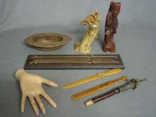 A childs wooden billiard scorer, a mannequins hand, an Oriental figure etc