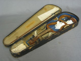 A skeleton practice violin 14" with bow, contained in a wooden carrying case