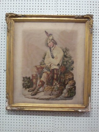 A 19th Century Berlin wool work picture of a seated Scotsman 21" x 18 1/2"