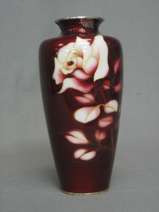 A handsome red ground and floral patterned cloisonne enamelled vase decorated roses 10"